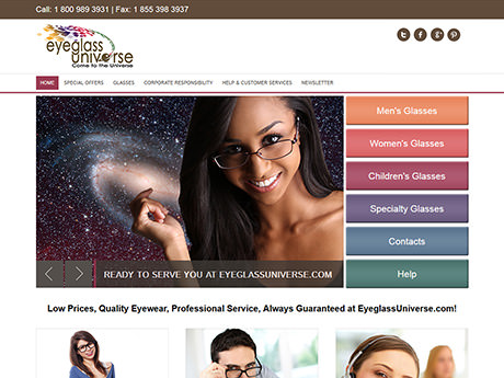 screenshot of eyeglassuniverse.com website